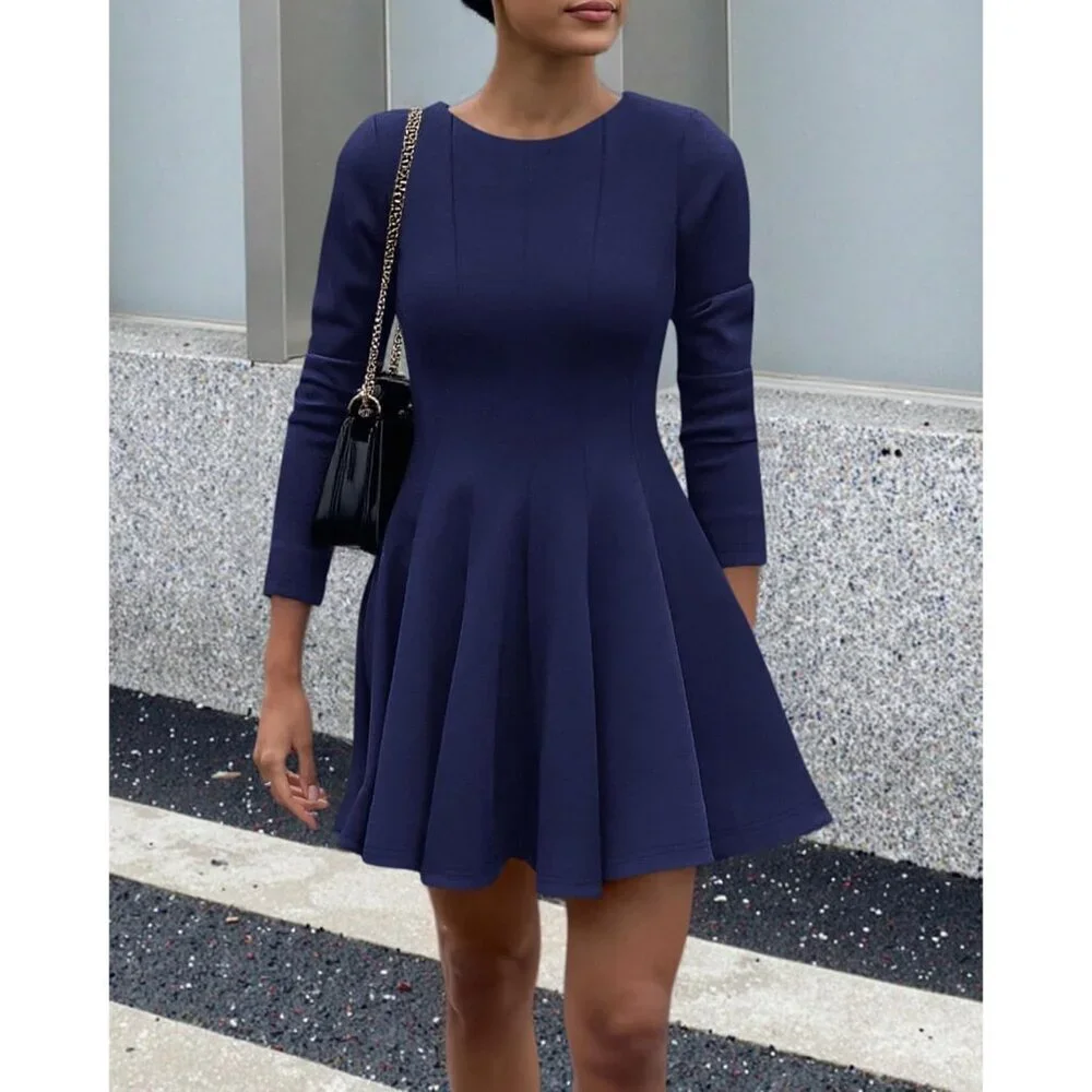 Women Navy High Waist Pleated Flowy A Line Long Sleeve Casual Fall Dress